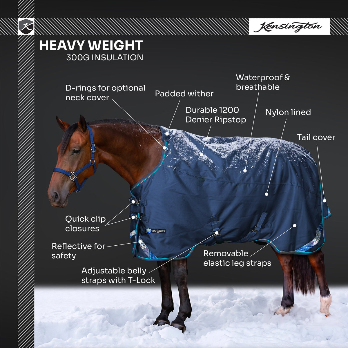 1200D Heavyweight 300g Euro Cut Horse Winter Turnout Blanket - Waterproof & Breathable