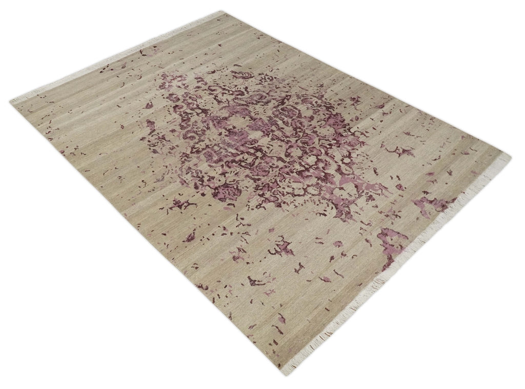 8x10 Camel and Purple Antique Style, Abstract Hand Knotted Low pile Wool Area Rug