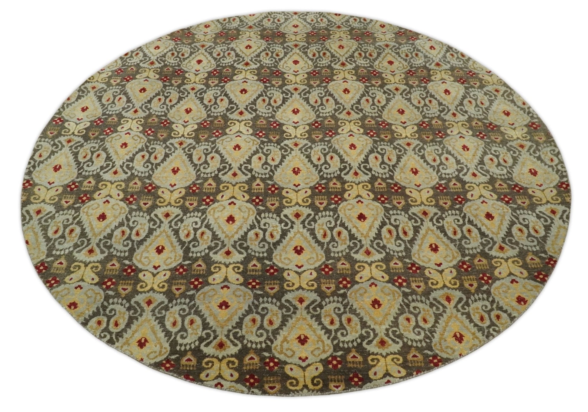 8x8 Round Fine Hand Knotted Brown and Beige Traditional Style Antique Wool Rug