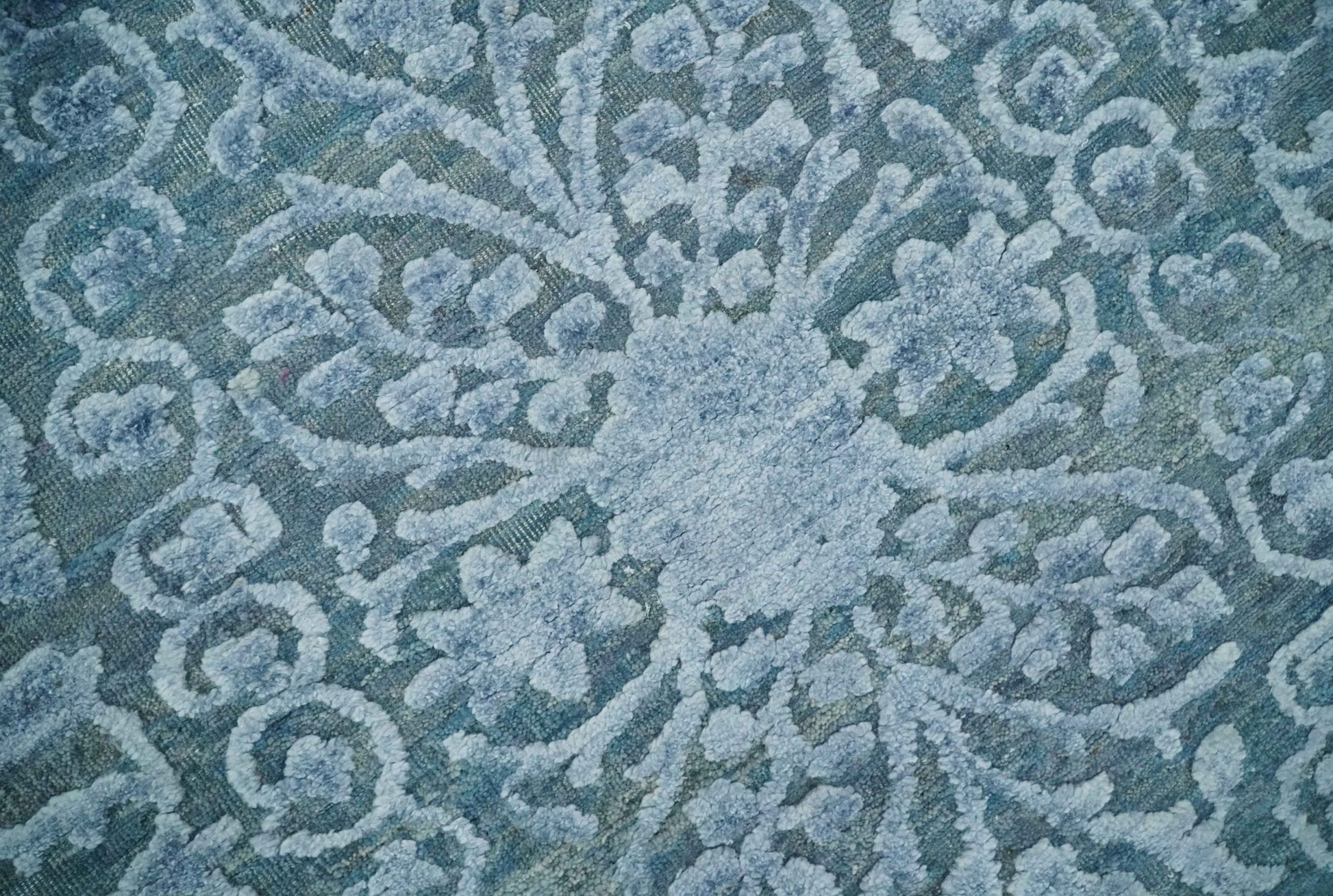 8x9.7 Blue Antique Style, Distressed Finish Hand Carved Traditional Medalian Hand Knotted Wool and Silk Rug