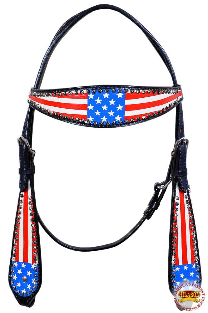 Western Headstall Horse Tack Leather Bridle Hand Paint Us Flag Hilason