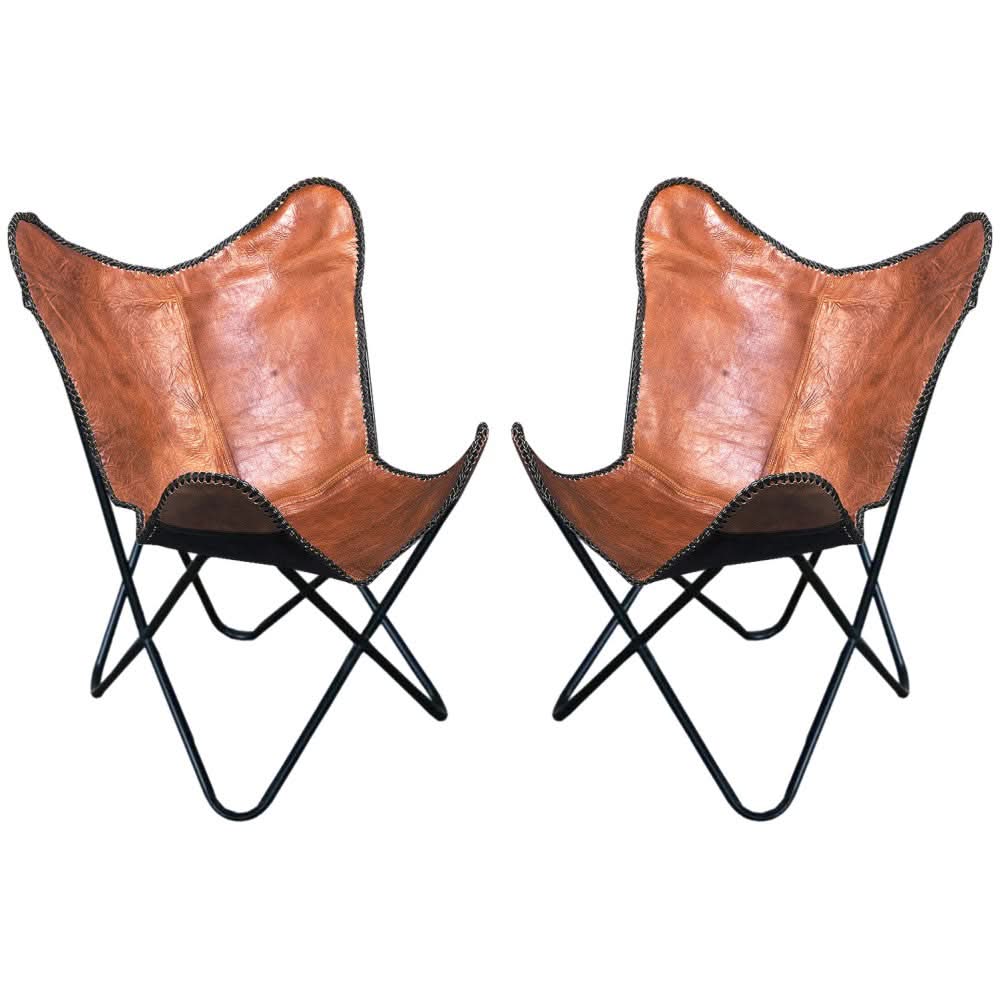 Genuine Leather Butterfly Chair Folding Lounge Modern Sling Accent Seat