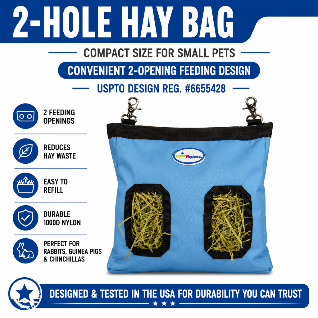 CuteNfuzzy 2-Opening Hay Bag for Rabbits, Guinea Pigs & Chinchillas, Compact Hanging Hay Feeder, 9" x 11" x 1.5", Helps Reduce Hay Waste & Cage Mess, 6-Month Warranty