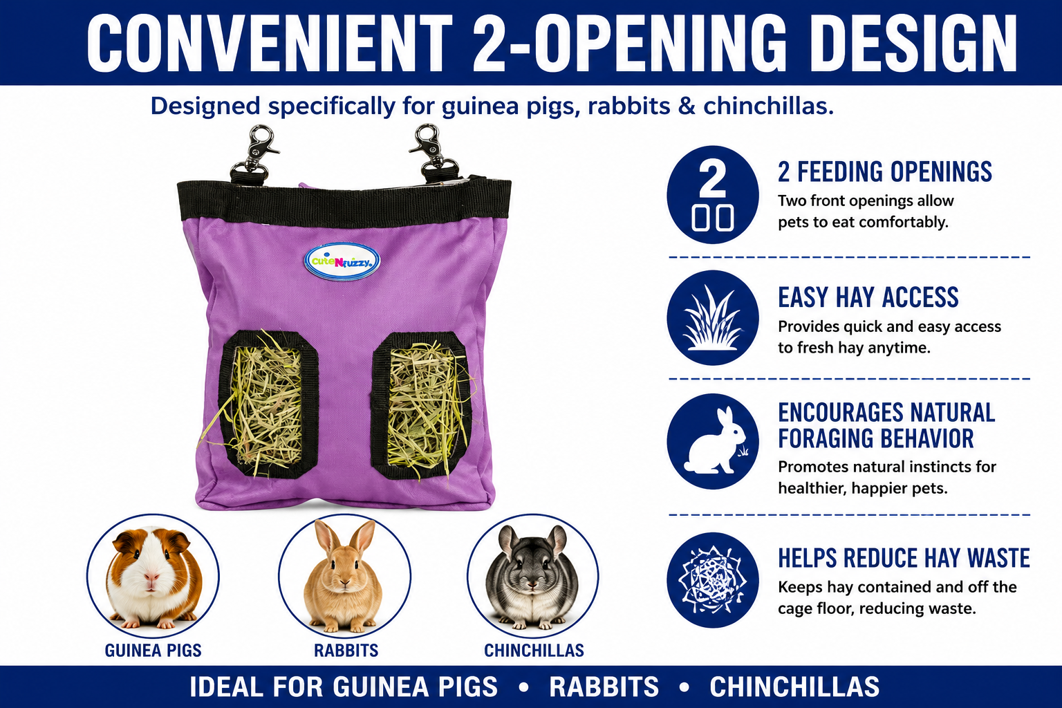 CuteNfuzzy 2-Opening Hay Bag for Rabbits, Guinea Pigs & Chinchillas, Compact Hanging Hay Feeder, 9" x 11" x 1.5", Helps Reduce Hay Waste & Cage Mess, 6-Month Warranty