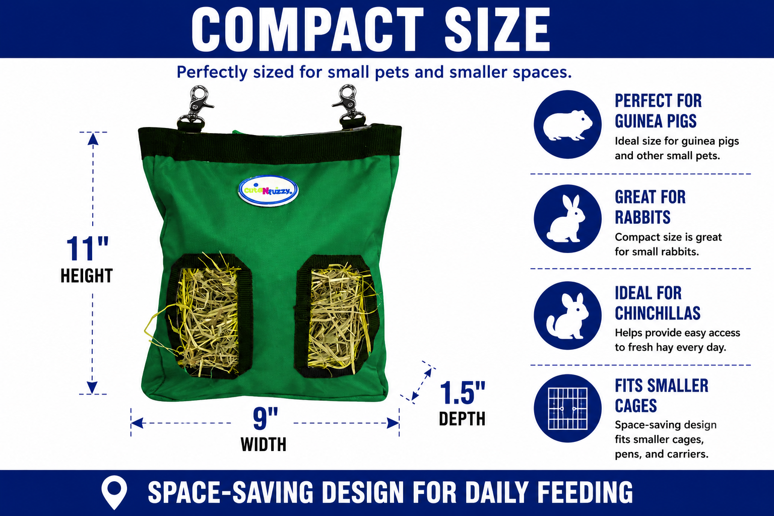 CuteNfuzzy 2-Opening Hay Bag for Rabbits, Guinea Pigs & Chinchillas, Compact Hanging Hay Feeder, 9" x 11" x 1.5", Helps Reduce Hay Waste & Cage Mess, 6-Month Warranty