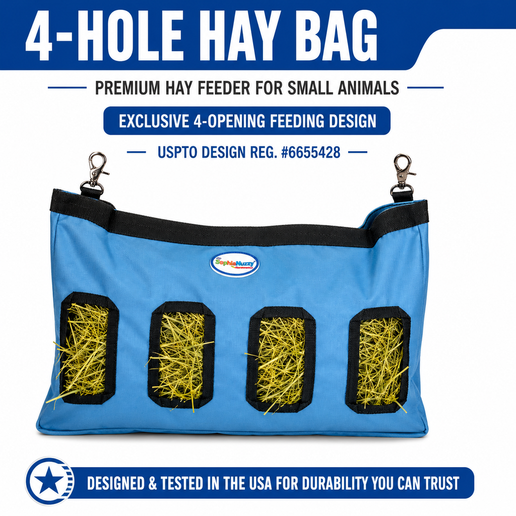 CuteNfuzzy 4-Opening Hay Bag for Rabbits, Guinea Pigs & Chinchillas, Medium Hanging Hay Feeder, 18" x 11" x 1.5", Helps Reduce Hay Waste & Cage Mess, 6-Month Warranty