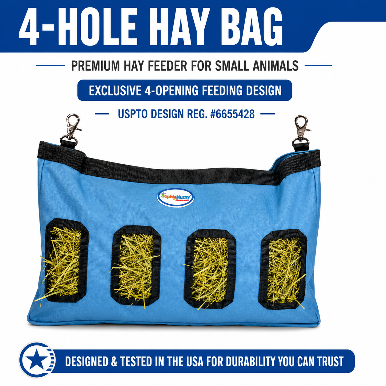 CuteNfuzzy 4-Opening Hay Bag for Rabbits, Guinea Pigs & Chinchillas, Medium Hanging Hay Feeder, 18" x 11" x 1.5", Helps Reduce Hay Waste & Cage Mess, 6-Month Warranty