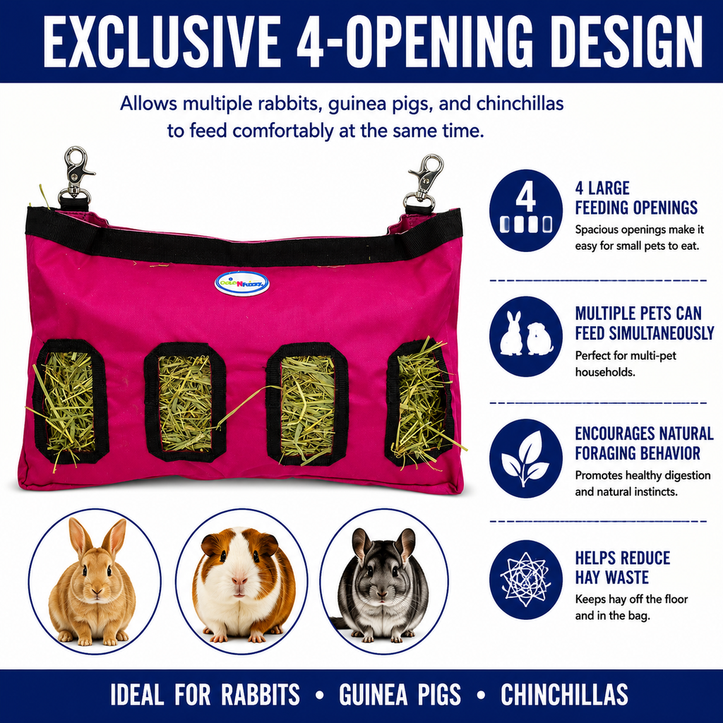 CuteNfuzzy 4-Opening Hay Bag for Rabbits, Guinea Pigs & Chinchillas, Medium Hanging Hay Feeder, 18" x 11" x 1.5", Helps Reduce Hay Waste & Cage Mess, 6-Month Warranty