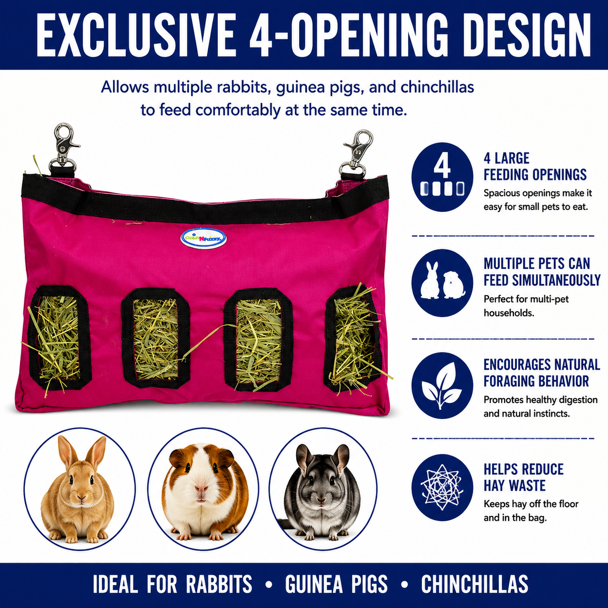 CuteNfuzzy 4-Opening Hay Bag for Rabbits, Guinea Pigs & Chinchillas, Medium Hanging Hay Feeder, 18" x 11" x 1.5", Helps Reduce Hay Waste & Cage Mess, 6-Month Warranty