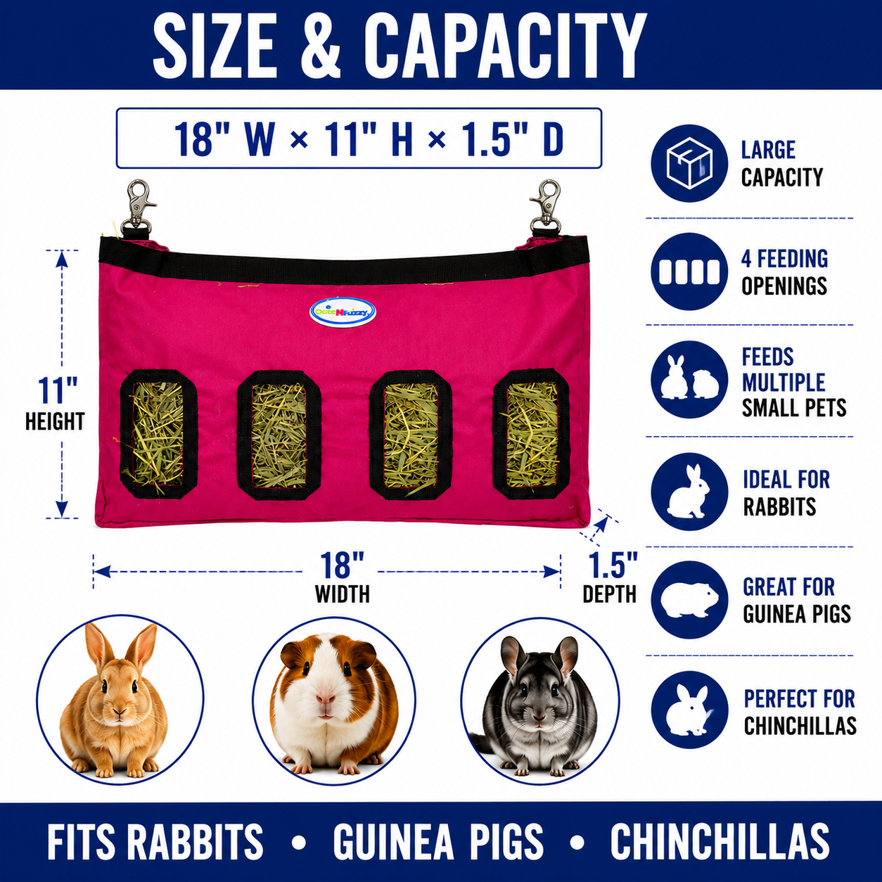 CuteNfuzzy 4-Opening Hay Bag for Rabbits, Guinea Pigs & Chinchillas, Medium Hanging Hay Feeder, 18" x 11" x 1.5", Helps Reduce Hay Waste & Cage Mess, 6-Month Warranty