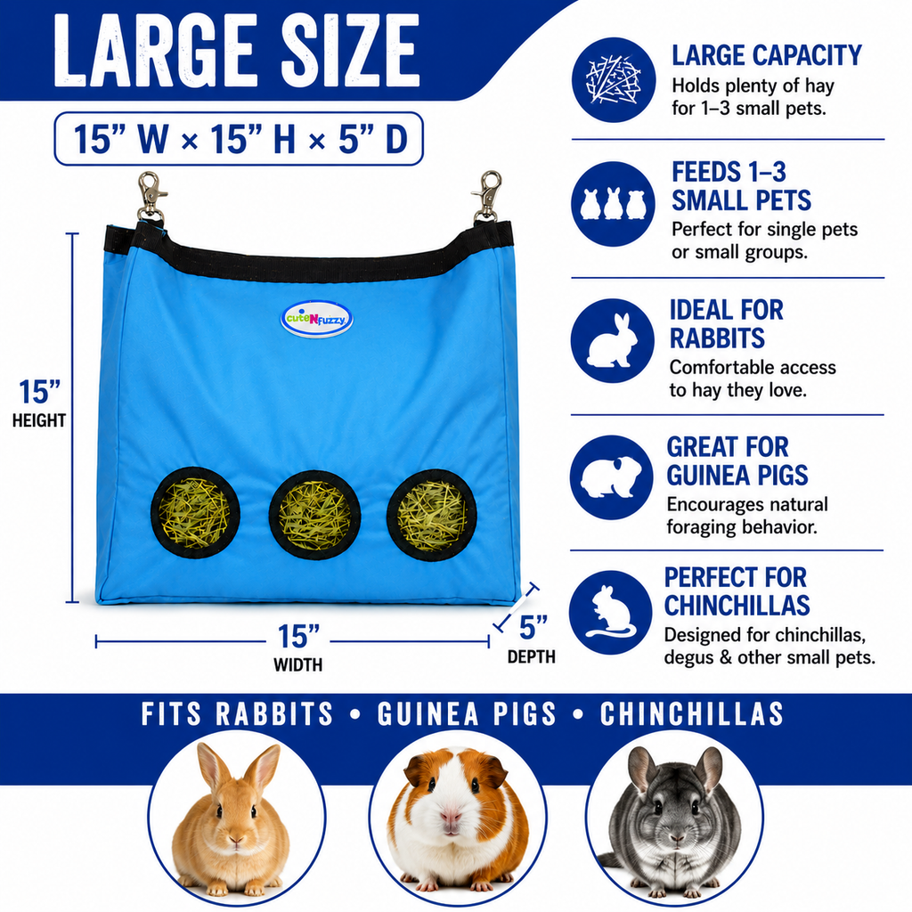 CuteNfuzzy 3-Opening Hay Bag for Rabbits, Guinea Pigs & Chinchillas – Large 15" x 15" x 5"
