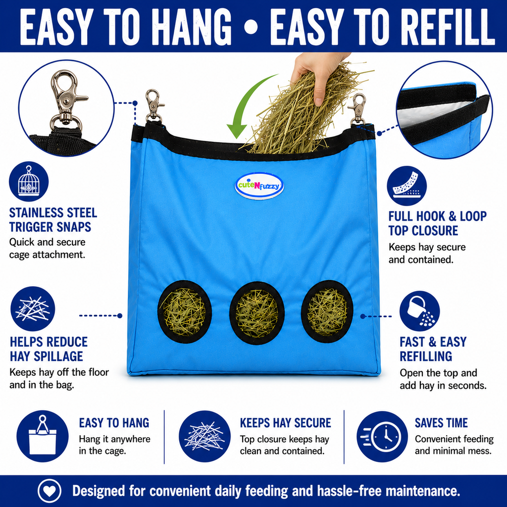 CuteNfuzzy 3-Opening Hay Bag for Rabbits, Guinea Pigs & Chinchillas – Large 15" x 15" x 5"