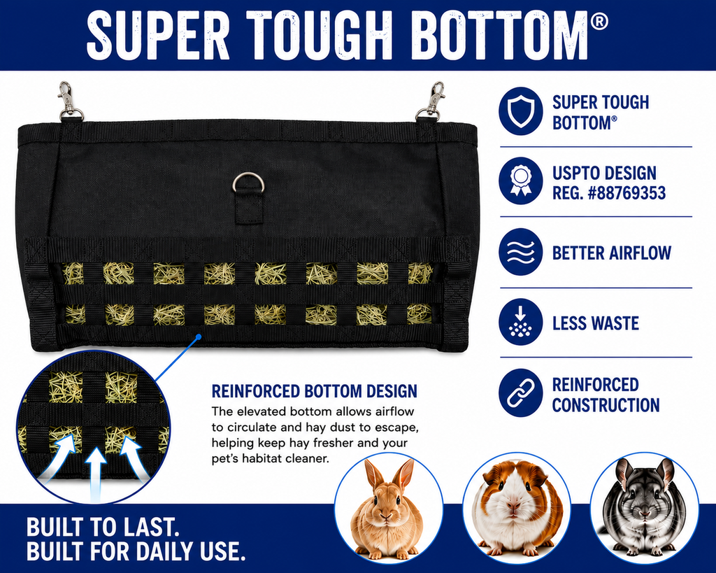 CuteNFuzzy Rabbit & Guinea Pig Hay Bag Feeder with Super Tough Bottom® Design | 56 Ultra Slow Feed Openings | Medium 15" x 9" x 5" Front Web Hay Feeder | Less Waste, Cleaner Cage | Made in USA Design