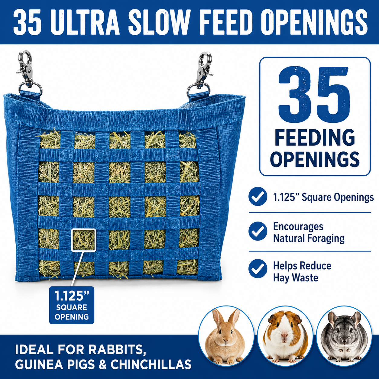 CuteNFuzzy Rabbit & Guinea Pig Hay Bag Feeder with Super Tough Bottom® Design | 35 Ultra Slow Feed Openings | Small 10.5" x 9" x 5" Front Web Hay Feeder | Less Waste, Cleaner Cage | Made in USA Design