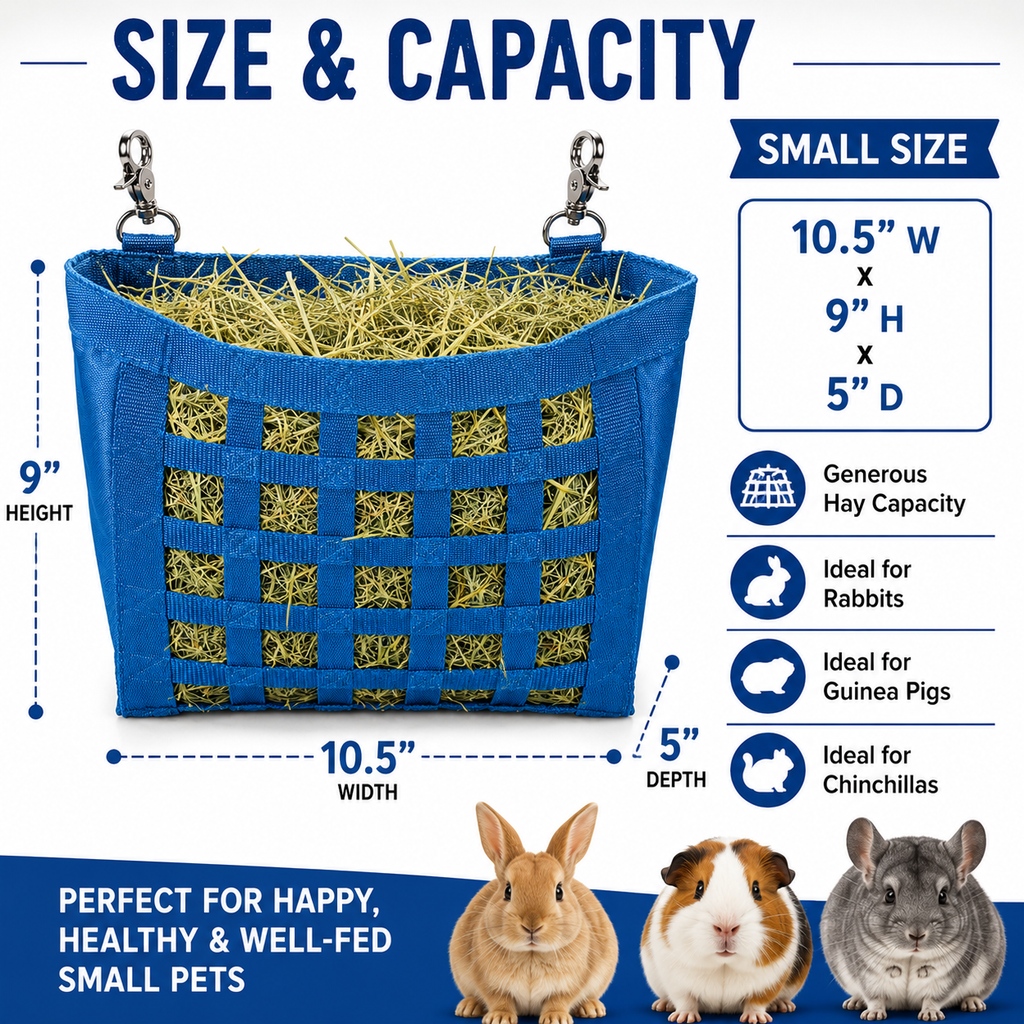 CuteNFuzzy Rabbit & Guinea Pig Hay Bag Feeder with Super Tough Bottom® Design | 35 Ultra Slow Feed Openings | Small 10.5" x 9" x 5" Front Web Hay Feeder | Less Waste, Cleaner Cage | Made in USA Design