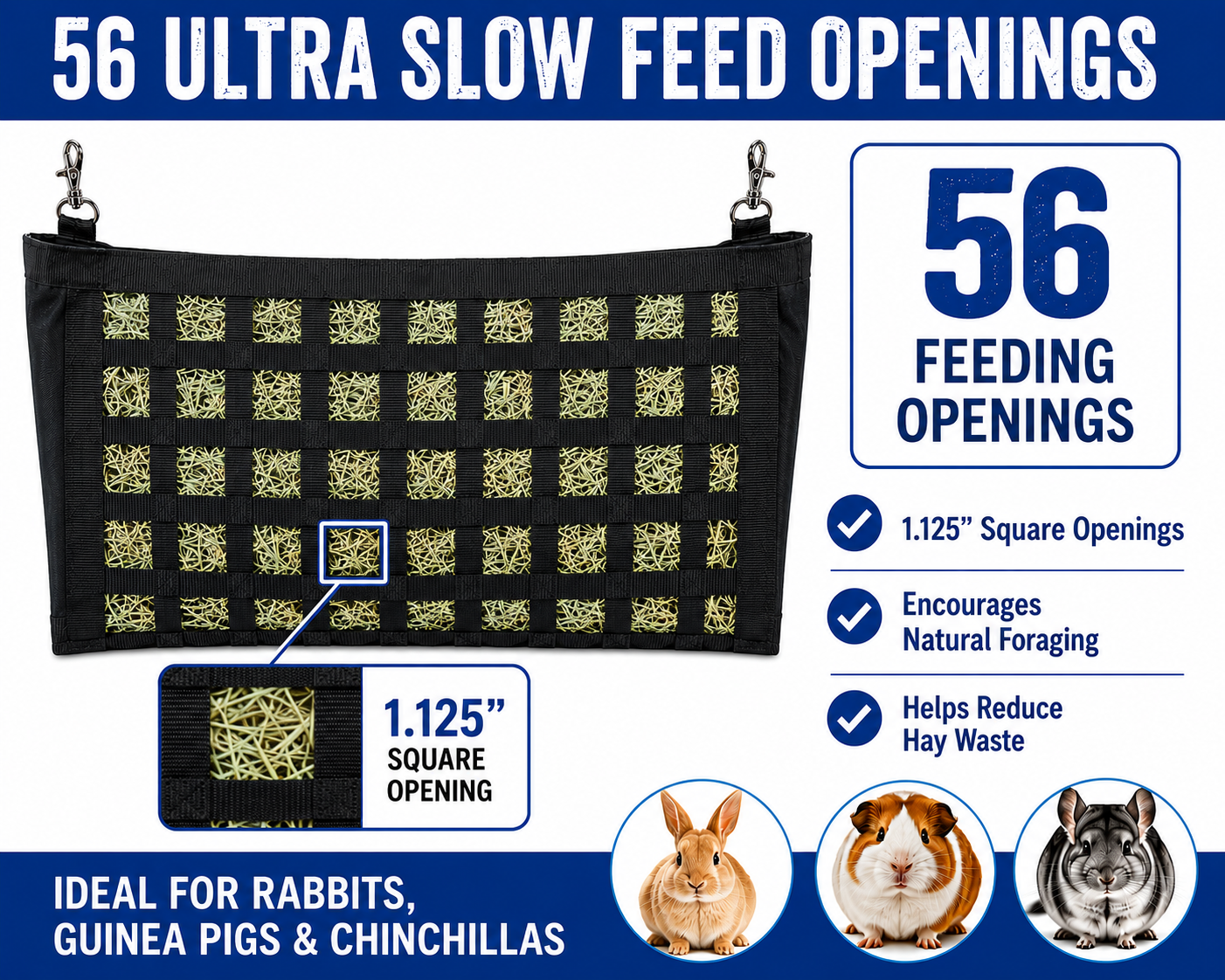 CuteNFuzzy Rabbit & Guinea Pig Hay Bag Feeder with Super Tough Bottom® Design | 56 Ultra Slow Feed Openings | Medium 15" x 9" x 5" Front Web Hay Feeder | Less Waste, Cleaner Cage | Made in USA Design
