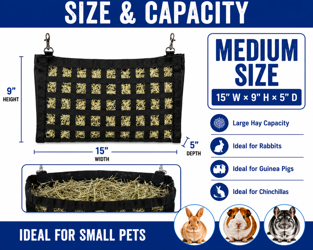 CuteNFuzzy Rabbit & Guinea Pig Hay Bag Feeder with Super Tough Bottom® Design | 56 Ultra Slow Feed Openings | Medium 15" x 9" x 5" Front Web Hay Feeder | Less Waste, Cleaner Cage | Made in USA Design
