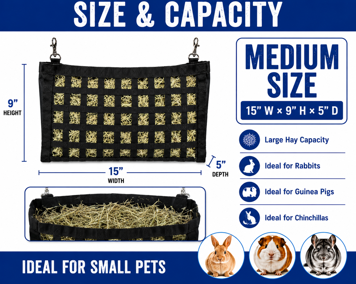CuteNFuzzy Rabbit & Guinea Pig Hay Bag Feeder with Super Tough Bottom® Design | 56 Ultra Slow Feed Openings | Medium 15" x 9" x 5" Front Web Hay Feeder | Less Waste, Cleaner Cage | Made in USA Design