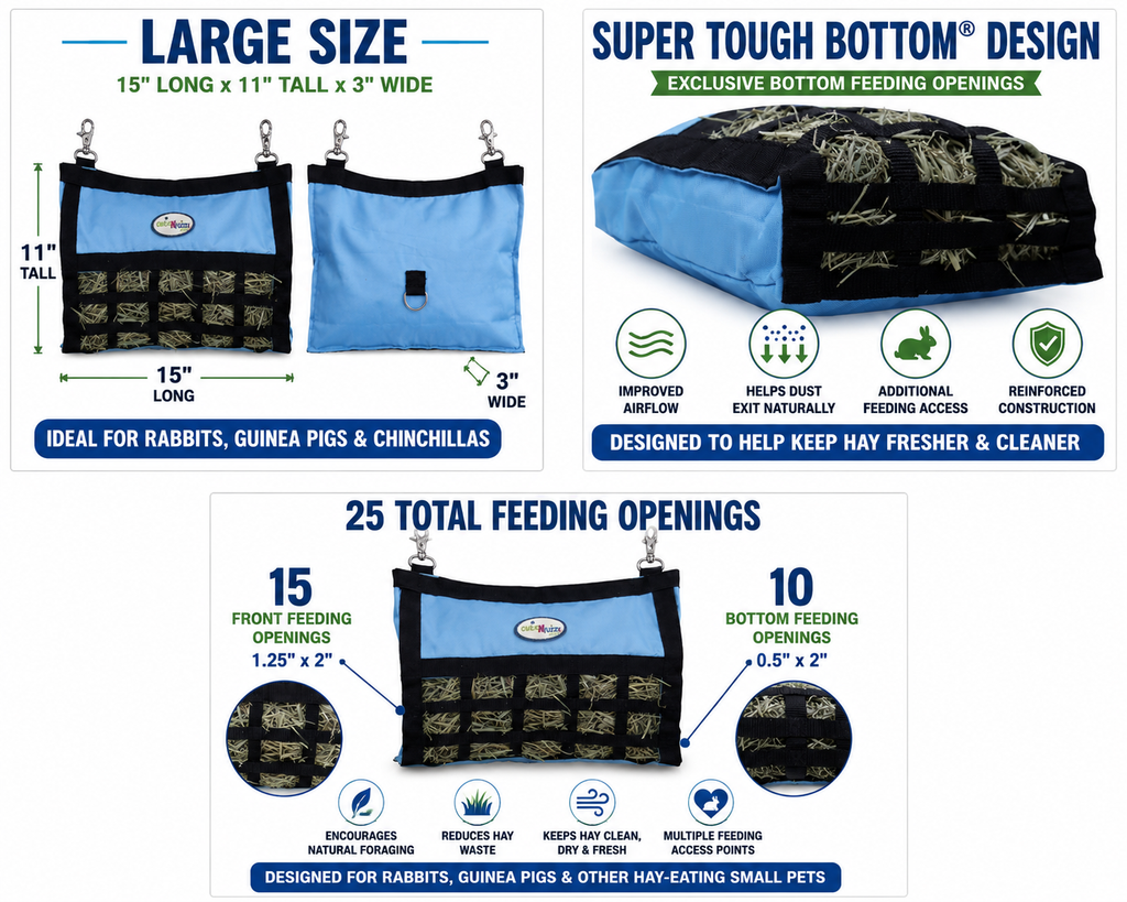 CuteNFuzzy Rabbit & Guinea Pig Hay Bag Feeder with Super Tough Bottom® Design | 25 Feeding Openings | Large 15" x 11" x 3" Hanging Hay Feeder | Less Waste, Cleaner Cage | Made in USA Design