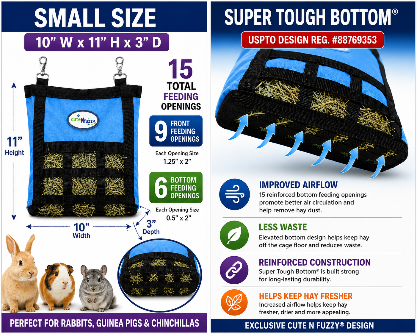 CuteNFuzzy Rabbit & Guinea Pig Hay Bag Feeder with Super Tough Bottom® Design | 15 Feeding Openings | Small 10" x 11" x 3" Hanging Hay Feeder | Less Waste, Cleaner Cage | Made in USA Design