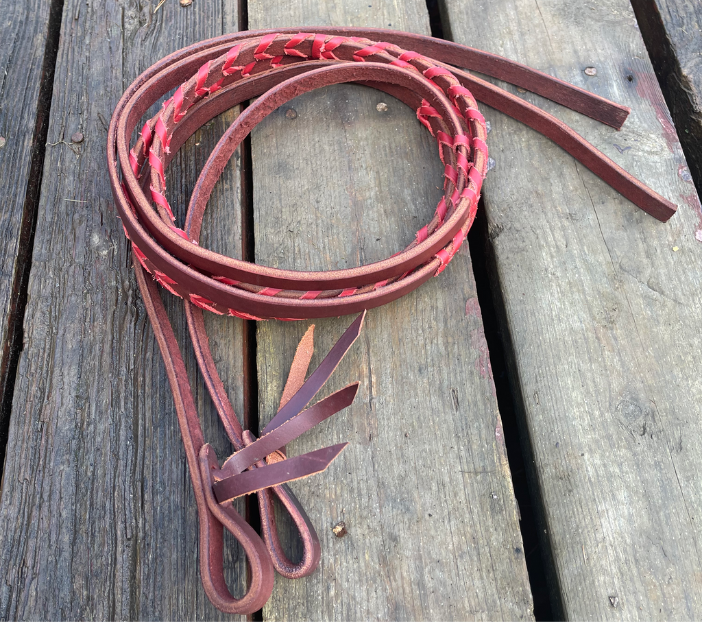 Brown with red lace split reins- 6.5 ft long