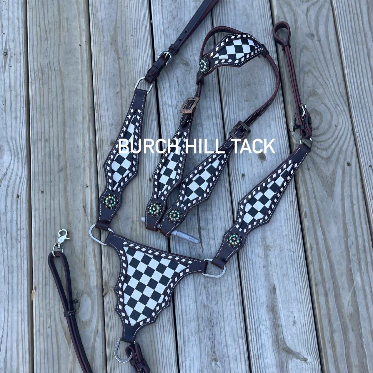 Made to order B&W checkered gladiator one ear western tack set Headstall breast collar