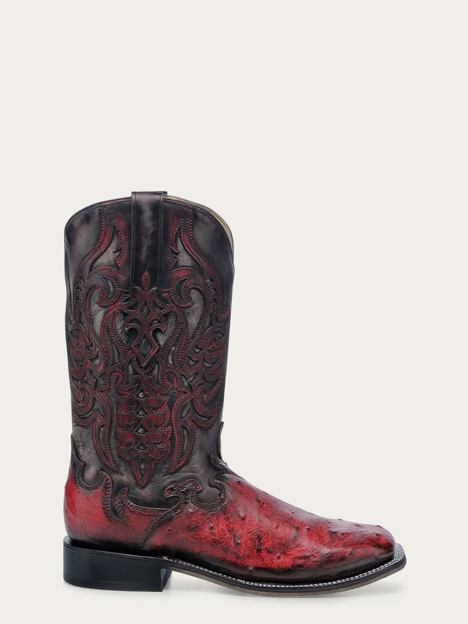 A4776 - MEN'S BLACK EMBROIDERY AND OVERLAY RED OSTRICH WIDE SQUARE TOE COWBOY BOOT