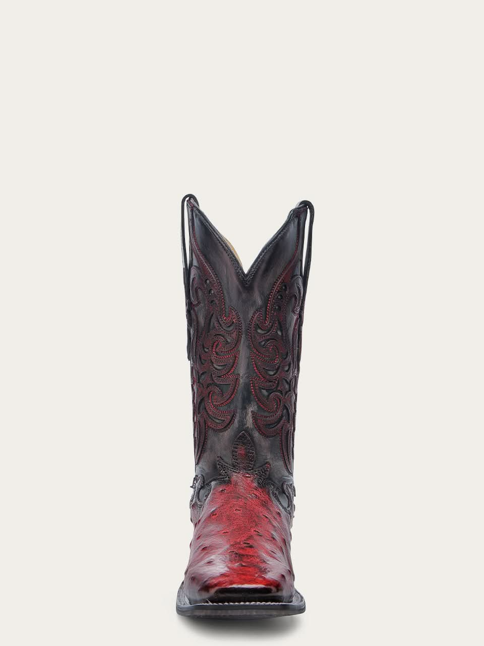 A4776 - MEN'S BLACK EMBROIDERY AND OVERLAY RED OSTRICH WIDE SQUARE TOE COWBOY BOOT