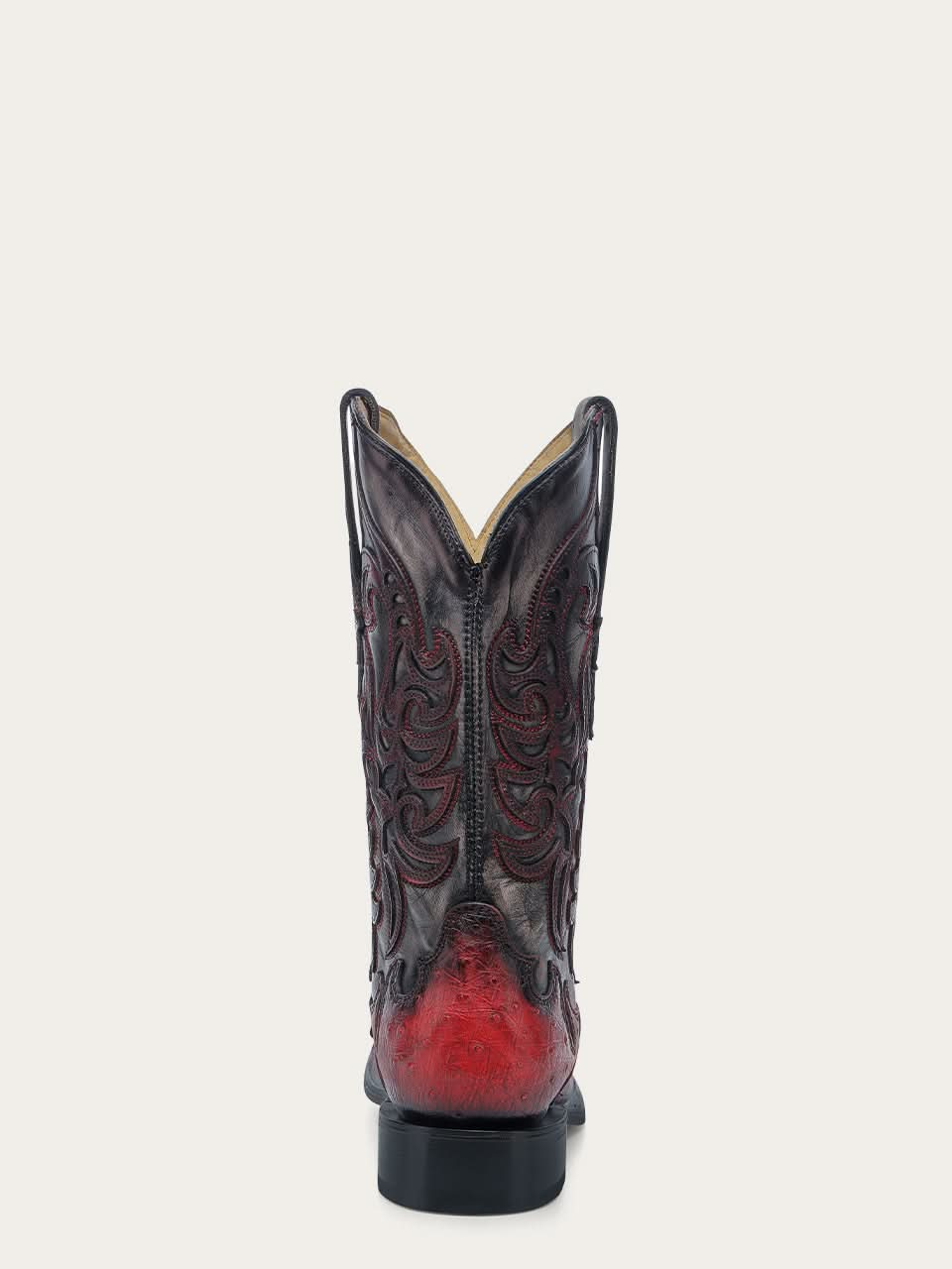 A4776 - MEN'S BLACK EMBROIDERY AND OVERLAY RED OSTRICH WIDE SQUARE TOE COWBOY BOOT