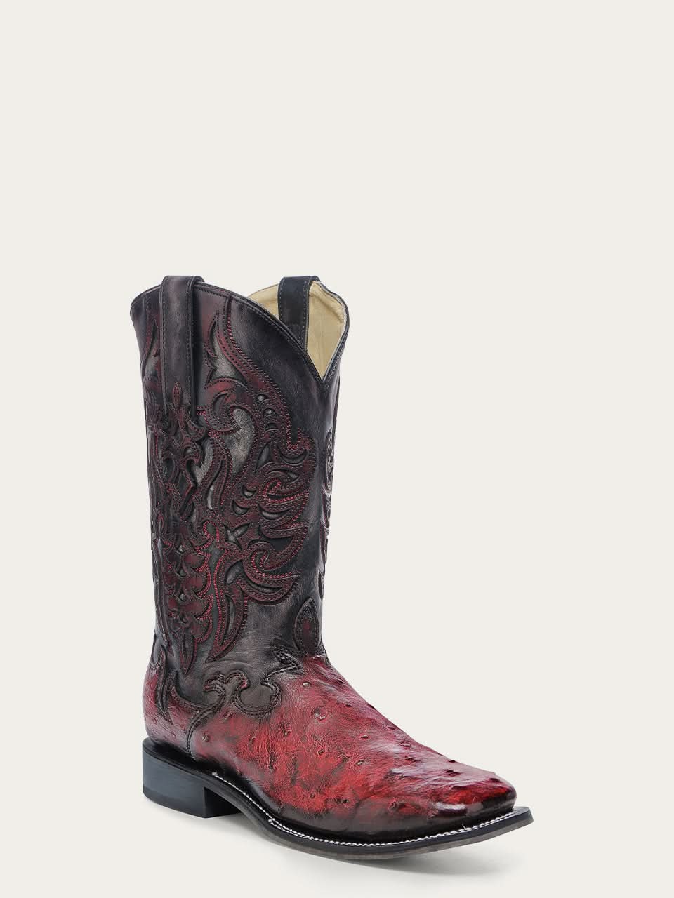A4776 - MEN'S BLACK EMBROIDERY AND OVERLAY RED OSTRICH WIDE SQUARE TOE COWBOY BOOT