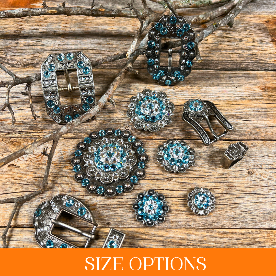 Antique Silver Aqua, Clear Crystal Conchos - Sizes from 1"- 3" and Buckles
