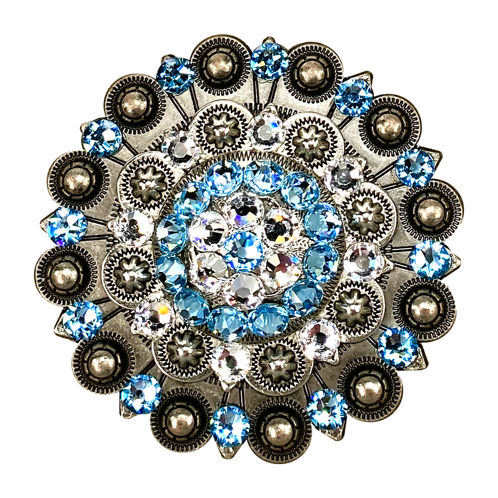 Antique Silver Aqua, Clear Crystal Conchos - Sizes from 1"- 3" and Buckles