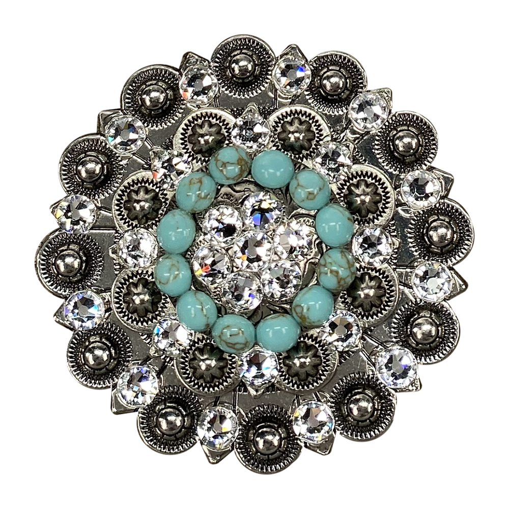 Antique Silver Turquoise, Clear Crystal Conchos - Sizes from 1"- 3" and Buckles
