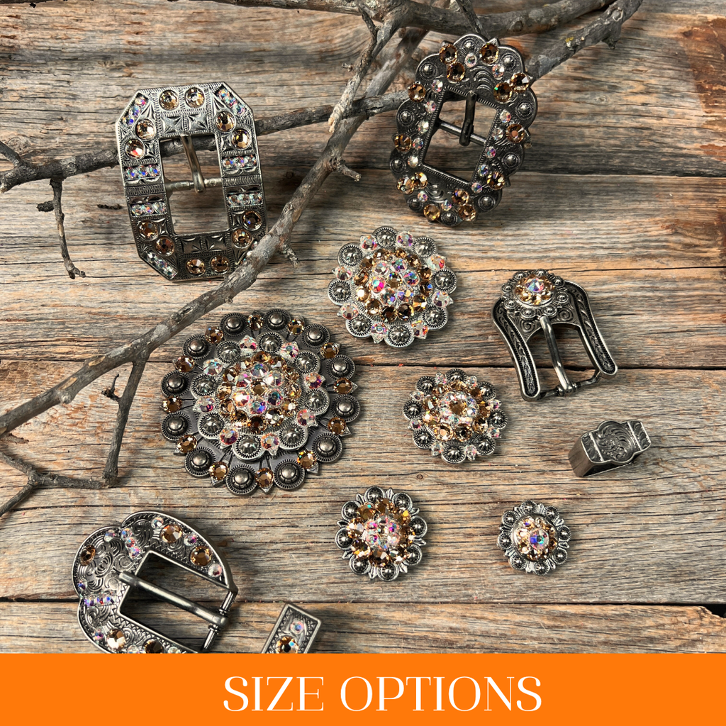 Antique Silver Champagne, AB Crystal Conchos - Sizes from 1"- 3" and Buckles