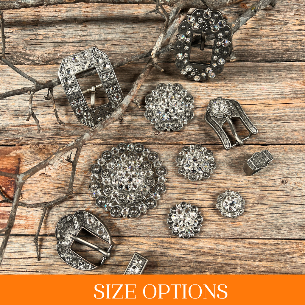 Antique Silver Clear Crystal Conchos - Sizes from 1"- 3" and Buckles