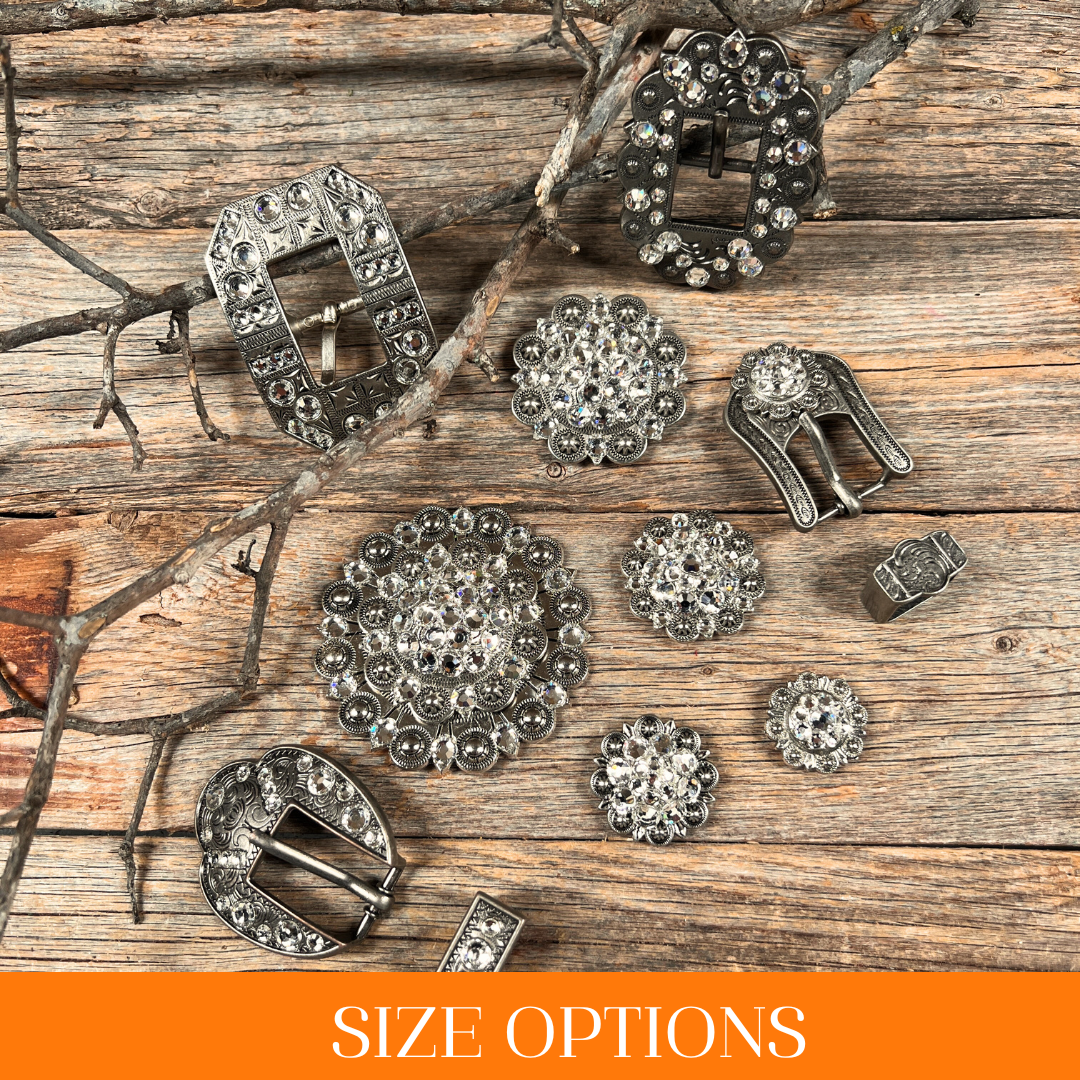 Antique Silver Clear Crystal Conchos - Sizes from 1"- 3" and Buckles