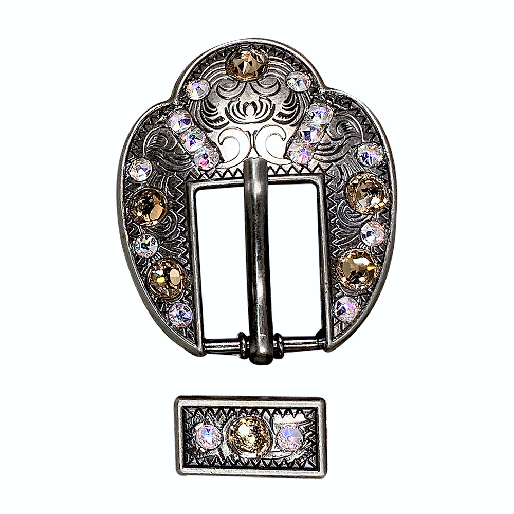 Antique Silver Champagne, AB Crystal Conchos - Sizes from 1"- 3" and Buckles