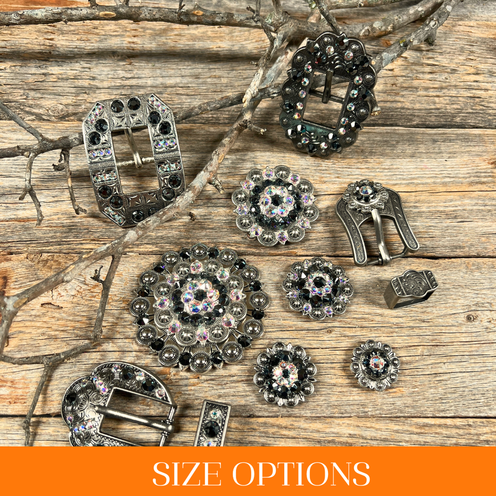 Antique Silver Jet, AB Crystal Conchos - Sizes from 1"- 3" and Buckles