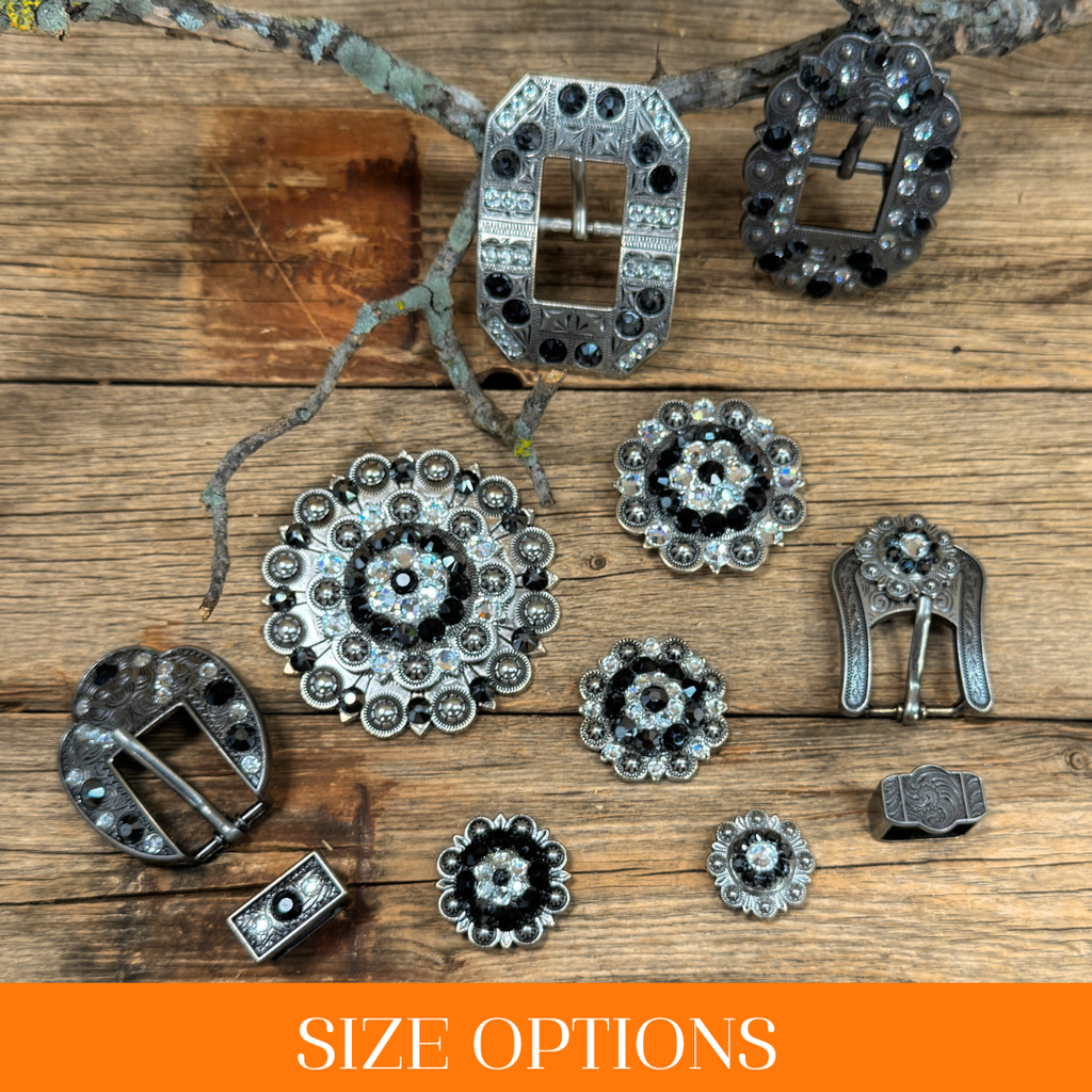 Antique Silver Jet, Clear Crystal Conchos - Sizes from 1"- 3" and Buckles