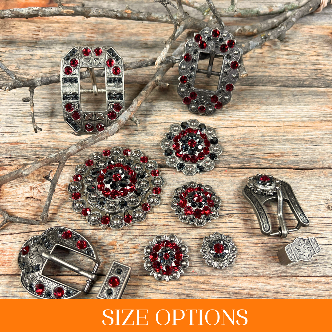 Antique Silver Ruby, Jet Crystal Conchos - Sizes from 1"- 3" and Buckles