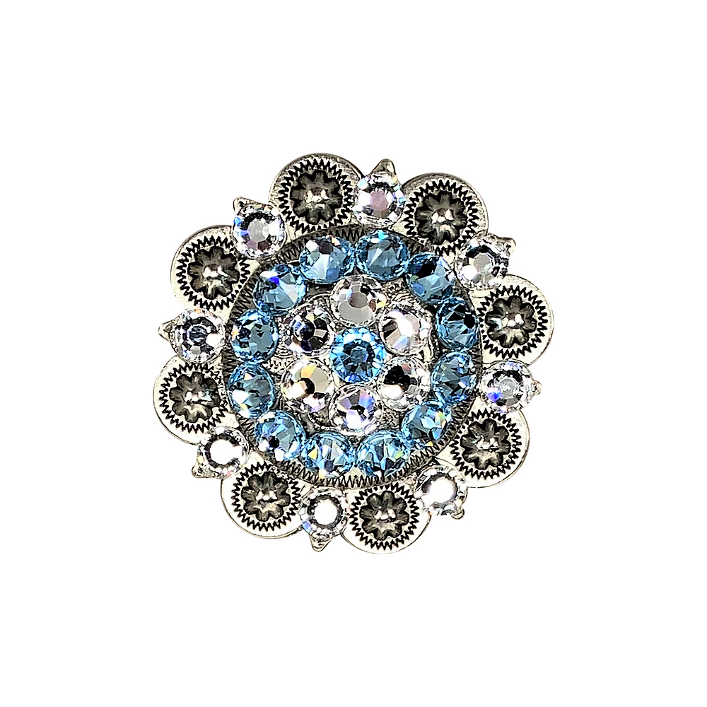 Antique Silver Aqua, Clear Crystal Conchos - Sizes from 1"- 3" and Buckles