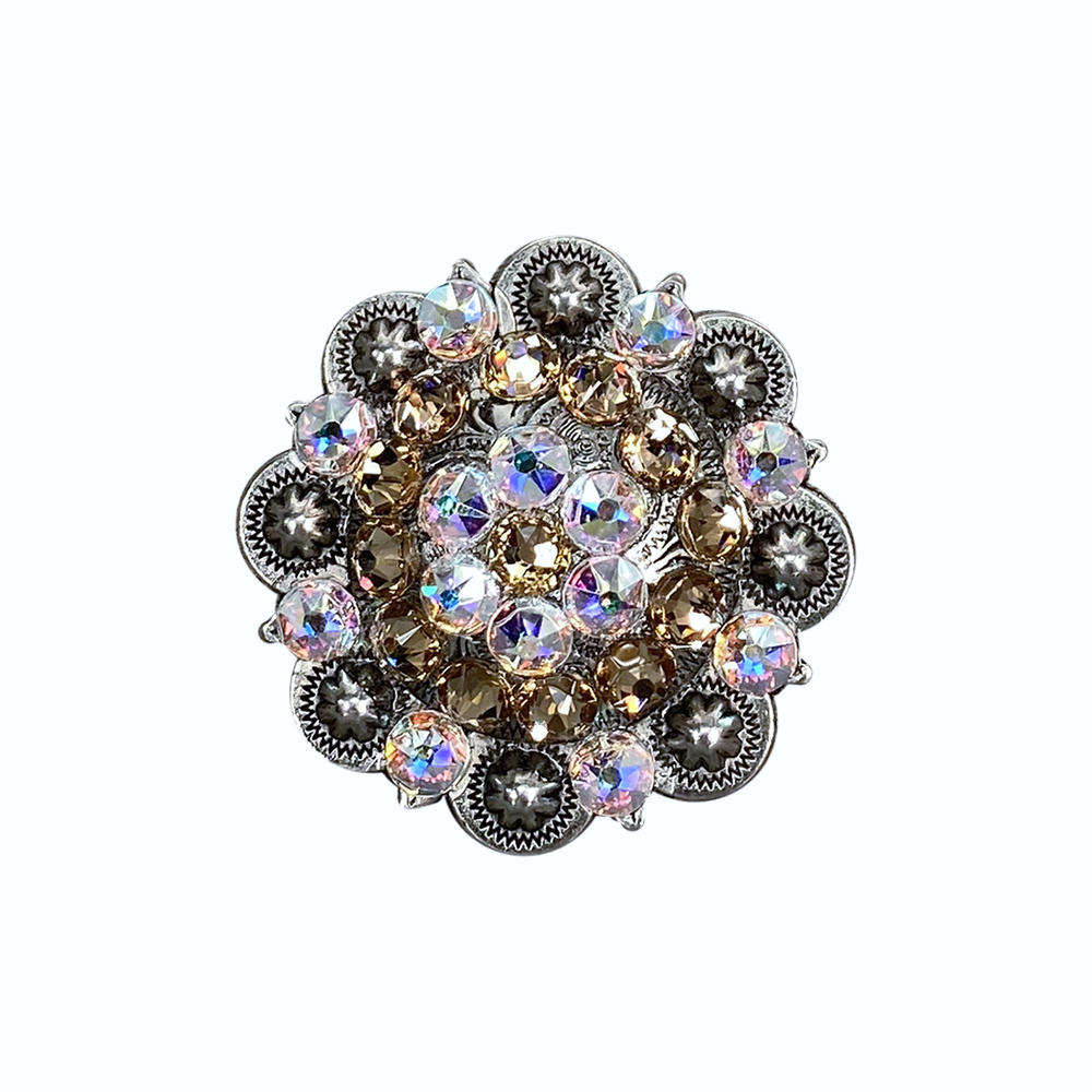 Antique Silver Champagne, AB Crystal Conchos - Sizes from 1"- 3" and Buckles