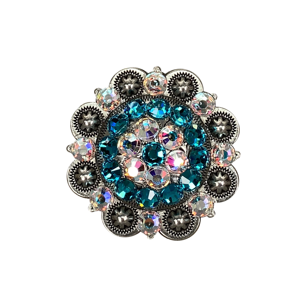 Antique Silver Teal, AB Crystal Conchos - Sizes from 1"- 3" and Buckles
