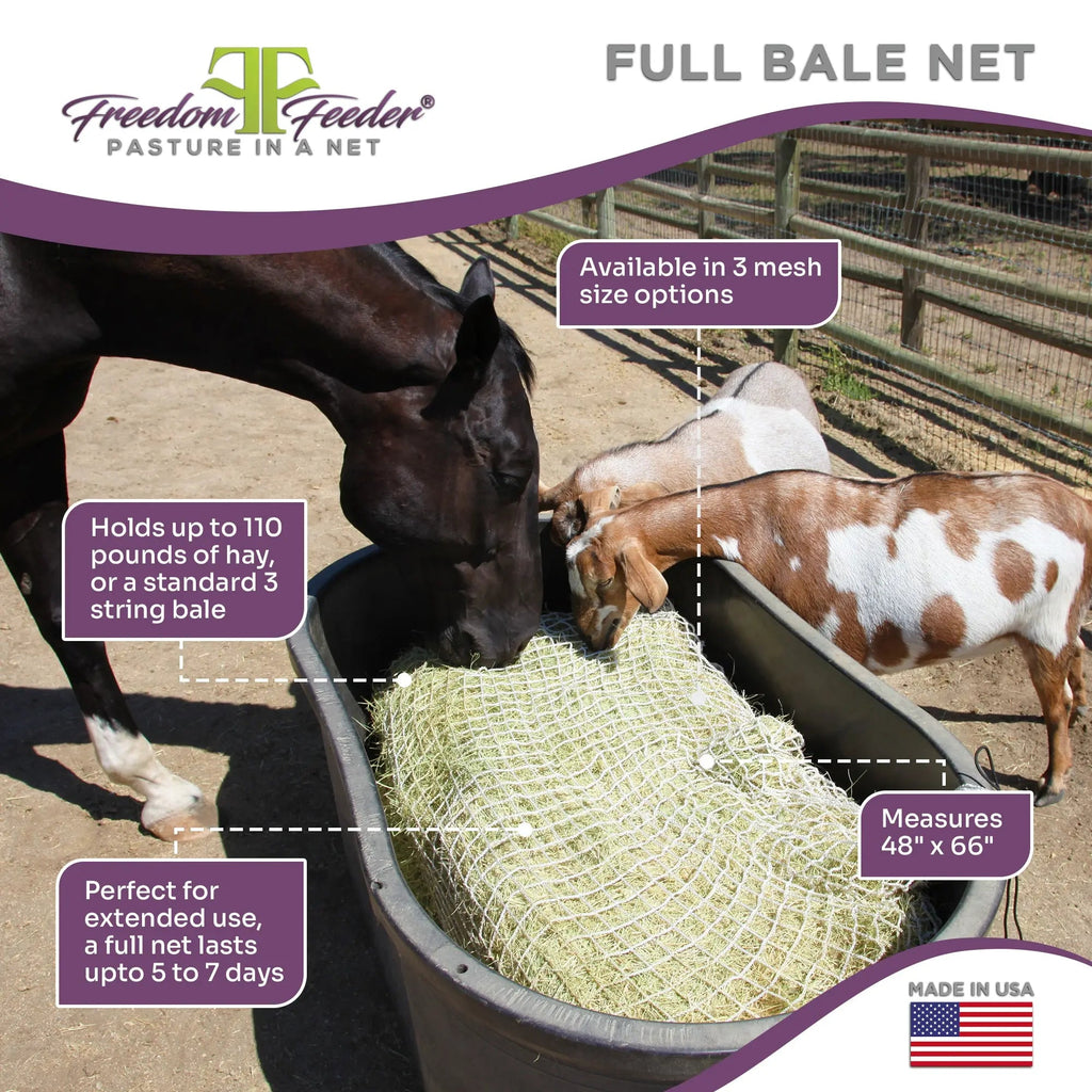 Freedom Feeder Full Bale Hay Net - Slow Feed Hay Net - 3 String Bale - 3 Size Mesh Options