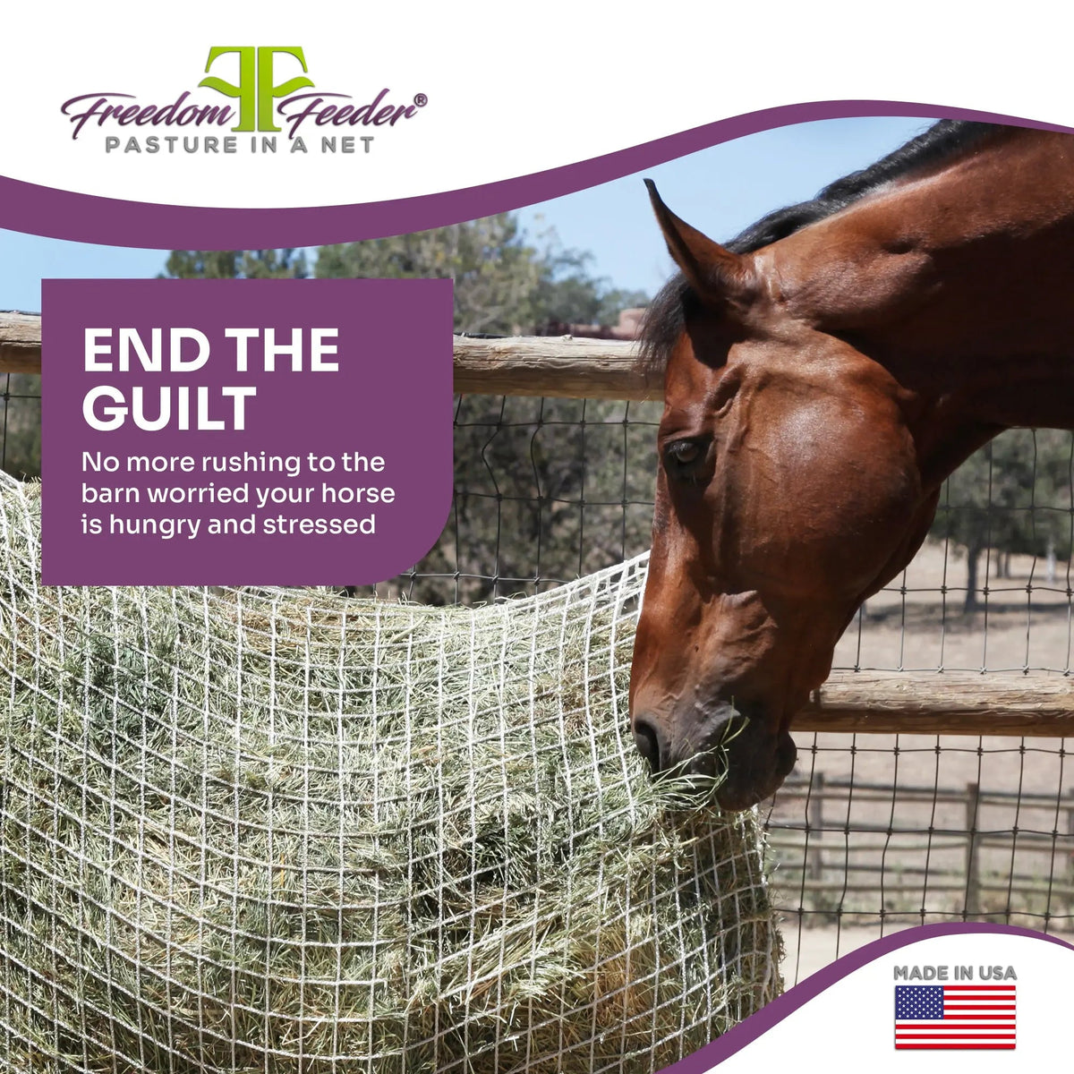 Freedom Feeder Full Bale Hay Net - Slow Feed Hay Net - 3 String Bale - 3 Size Mesh Options