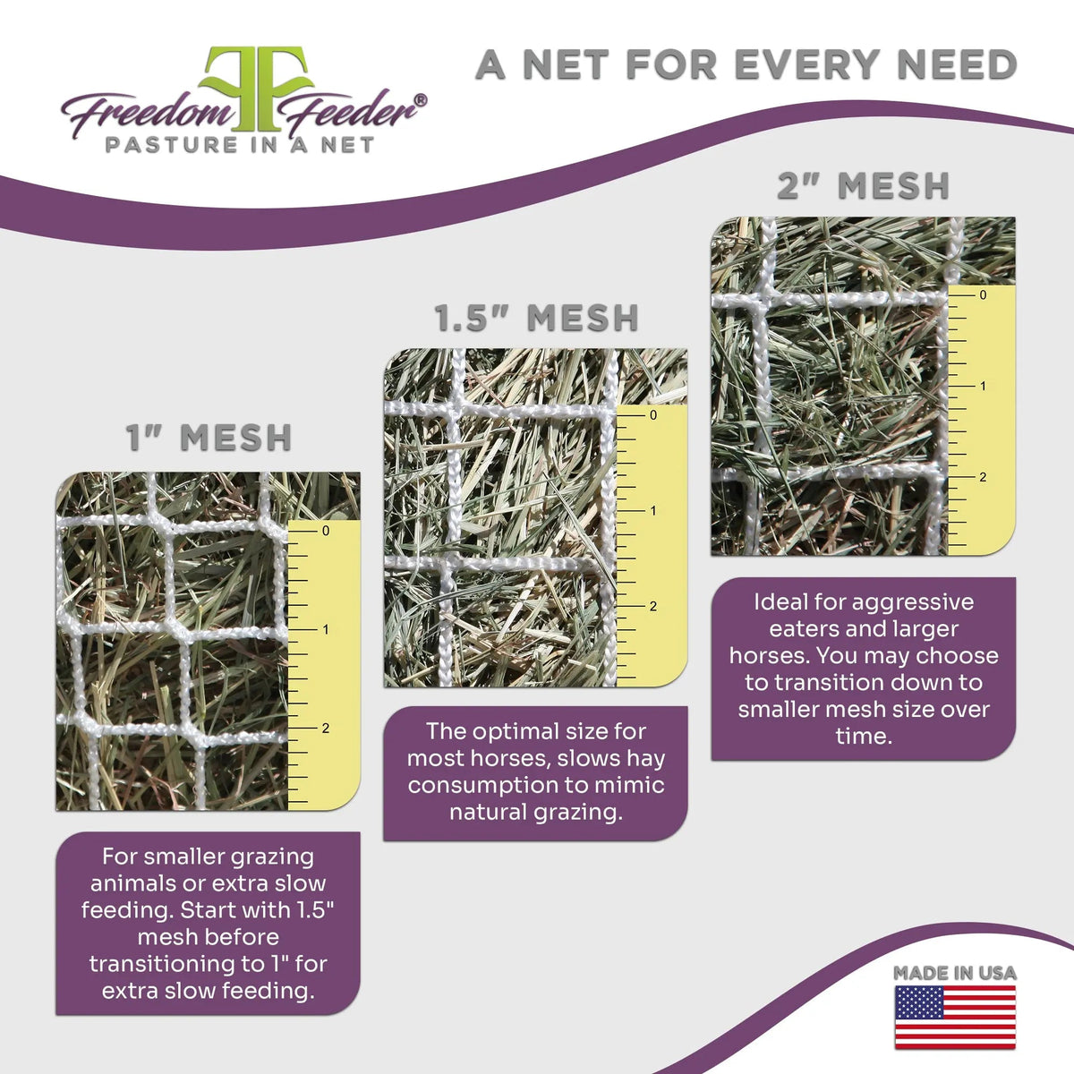 Freedom Feeder Day Net - Slow Feed Hay Net - 4 Flake - 3 Size Mesh Options