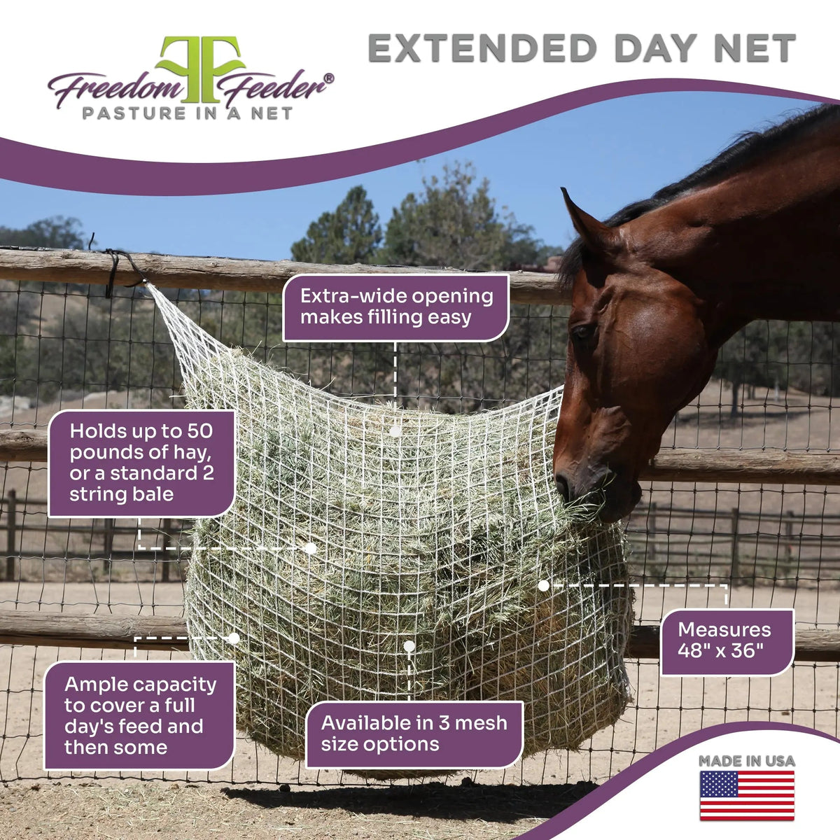 Freedom Feeder Extended Day Net - Slow Feed Hay Net - 2 String Bale - 3 Size Mesh Options