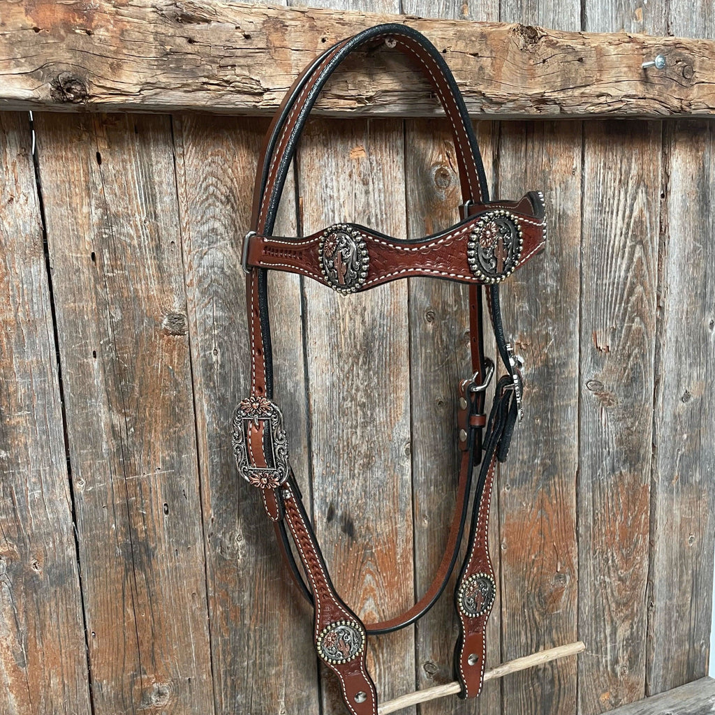 Medium Oil Basketweave Flower and Cactus Browband/One Ear Tack Set  #BBBC491