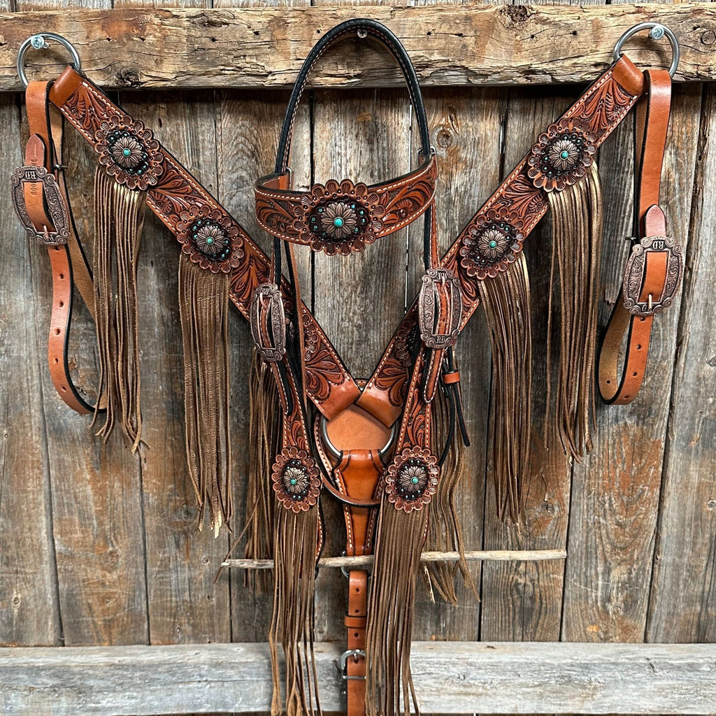 Honey Colored Floral Copper and Turquoise Tack Set  #BBBC529