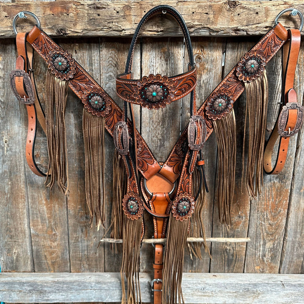 Honey Colored Floral Copper and Turquoise Tack Set  #BBBC529